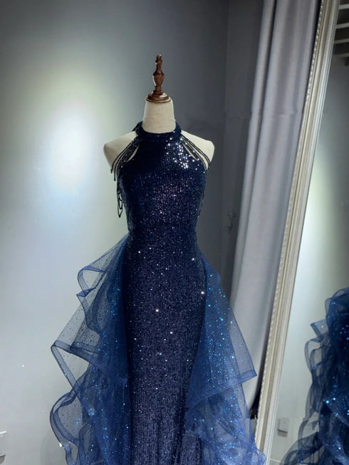 Chic Navy Blue Long Sequins With Tulle Party Dress, Navy Blue Prom Dress