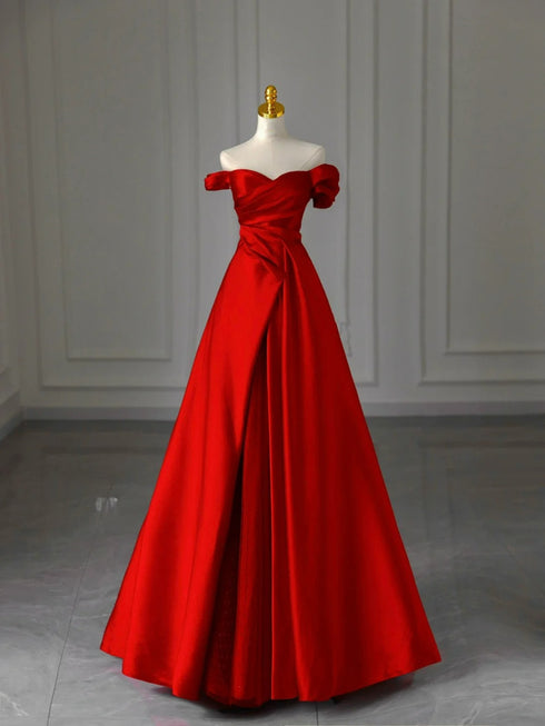 Red A-line Satin and Tulle Off Shoulder Party Dress, Red Satin Long Prom Dress