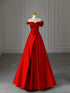 Red A-line Satin and Tulle Off Shoulder Party Dress, Red Satin Long Prom Dress