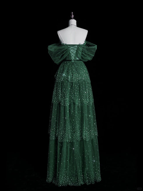 Dark Green A-line Layers Shiny Tulle Prom Dress, Green Tulle Long Party Dress