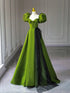 Green A-line Satin Sweetheart Short Sleeves Party Dress, Green Long Prom Dress