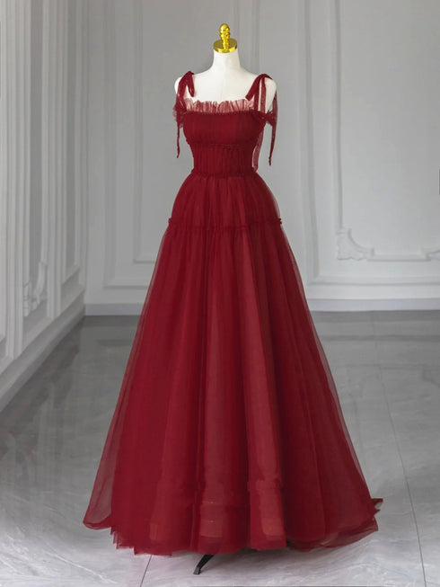 Wine Red Tulle Straps Beaded A-line Long Party Dress, Wine Red Tulle Prom Dress