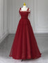 Wine Red Tulle Straps Beaded A-line Long Party Dress, Wine Red Tulle Prom Dress