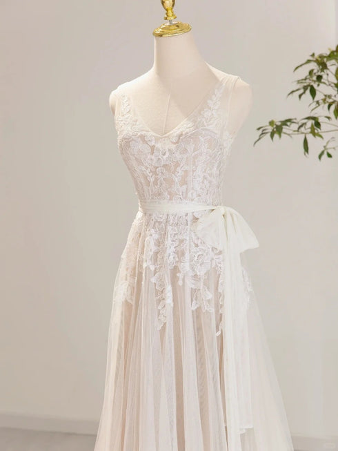 Ivory Tulle with Lace Applique V-neckline Wedding Party Dress, Ivory Tulle Prom Dress