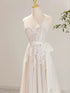 Ivory Tulle with Lace Applique V-neckline Wedding Party Dress, Ivory Tulle Prom Dress
