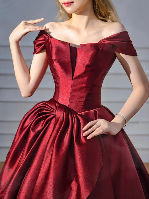 Chic Wine Red Off Shoulder Satin Party Dress, Wine Red Satin Long Prom Dress