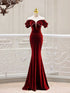 Wine Red Mermaid Off Shoulder Velvet Evening Dress, Wine Red Long Party Dress