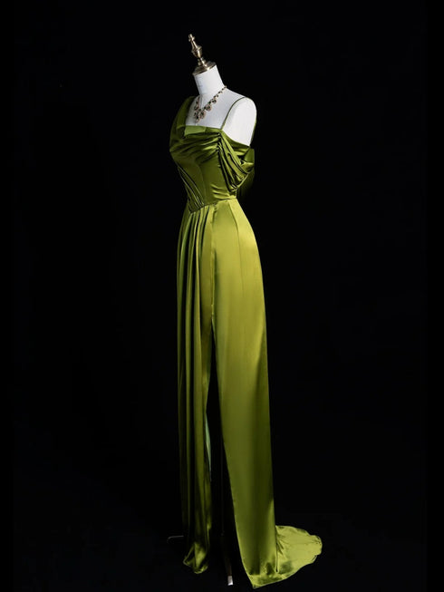 Lovely Green Soft Satin One Shoulder Prom Dress, A-line Long Party Dress With Leg Slit