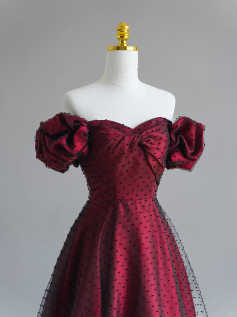 A-line Tulle Off Shoulder Black and Red Prom Dress, Black and Red Gown