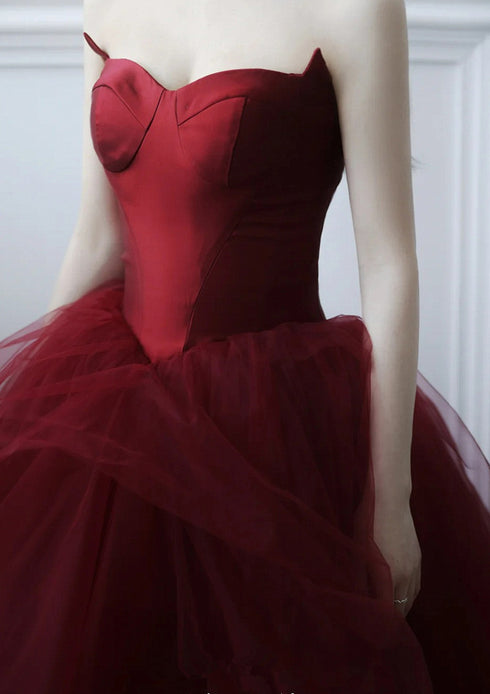 Wine Red Satin and Tulle Sweetheart Party Dress, Wine Red Prom Dress Evening Dress