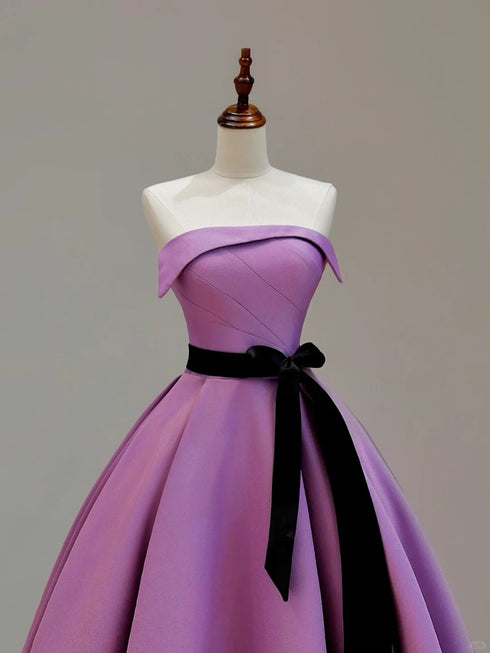 A-line Purple Satin Simple Scoop Floor Length Party Dress, Purple Satin Prom Dress