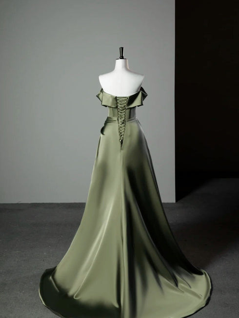 Green Soft Satin Off Shoulder A-line Long Evening Dress, Green Satin Prom Dress Formal Dress