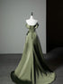 Green Soft Satin Off Shoulder A-line Long Evening Dress, Green Satin Prom Dress Formal Dress