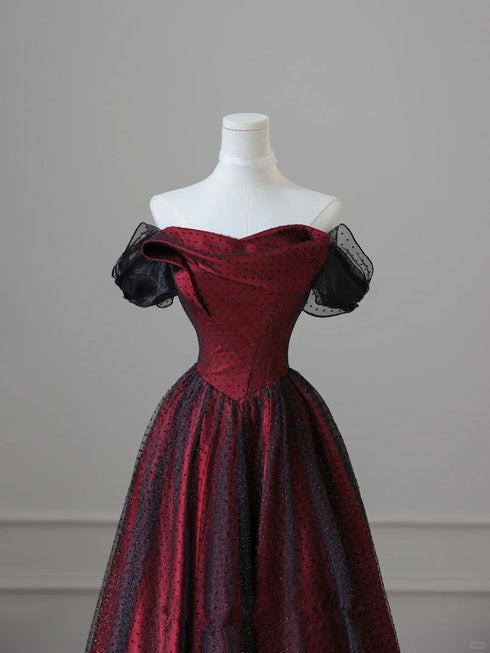 Charming Black and Red Off Shoulder A-line Prom Dress, Long Party Dress