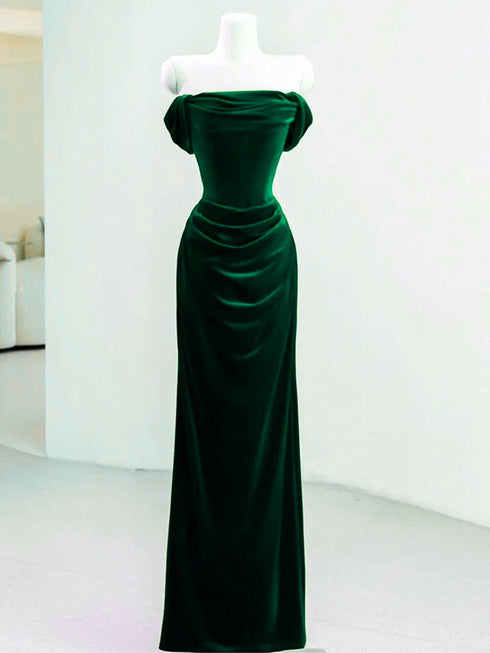 Dark Green Velvet Off Shoulder Wedding Party Dress, Dark Green Velvet Prom Dress