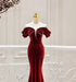 Wine Red Mermaid Off Shoulder Velvet Evening Dress, Wine Red Long Party Dress