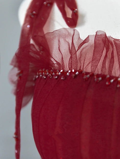 Wine Red Tulle Straps Beaded A-line Long Party Dress, Wine Red Tulle Prom Dress