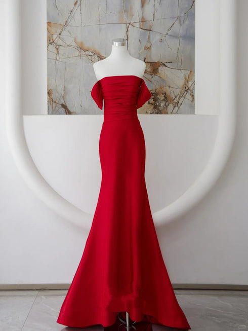 Red Mermaid Strapless Long Party Dress, Red Satin Evening Dress Prom Dress