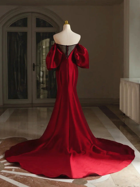 Wine Red Satin Puffy Short Sleeves Long Evening Dress, Wine Red Lovely Prom Dress