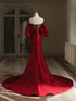Wine Red Satin Puffy Short Sleeves Long Evening Dress, Wine Red Lovely Prom Dress