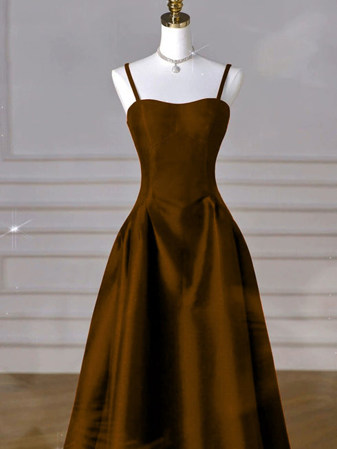 Brown Satin A-line Floor Length Sweetheart Party Dress, Simple Satin Prom Dress