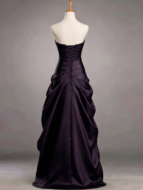 A-line Strapless Ruched Black and Purple Long Prom Dress, Gothic Evening Dress with Lace-Up