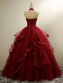 Wine Red Ball Gown Sweet 16 Dress, Halter Neck Tiered Tulle Quinceañera Gown