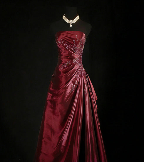 Wine Red Taffeta Beaded Scoop A-line Prom Dress, Wine Red Floor Length Party Dress