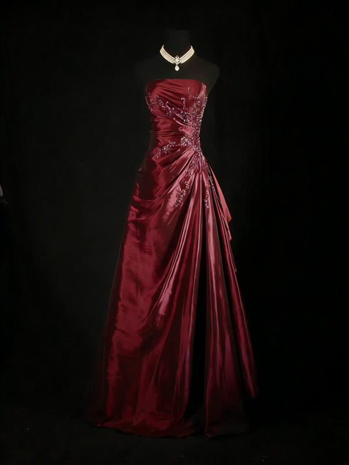Wine Red Taffeta Beaded Scoop A-line Prom Dress, Wine Red Floor Length Party Dress