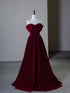 Wine Red Velvet Off Shoulder A-Line Prom Dress, Wine Red Velvet Simple Evening Dress