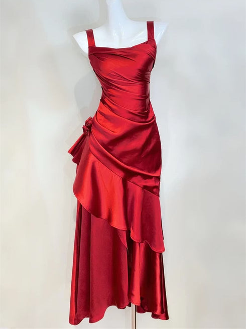 Red Satin Straps Long Evening Dress Party Dress, Scoop Satin Floor Length Prom Dress