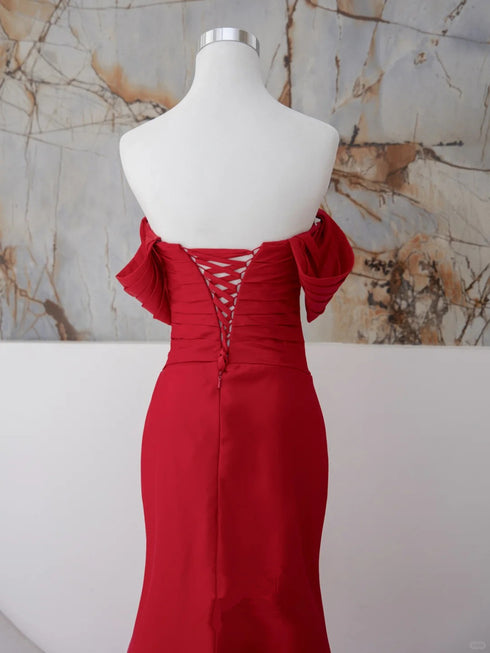 Red Mermaid Strapless Long Party Dress, Red Satin Evening Dress Prom Dress