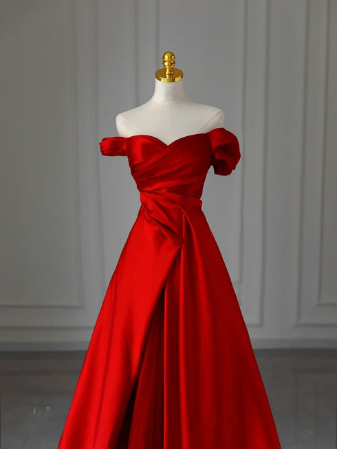 Red A-line Satin and Tulle Off Shoulder Party Dress, Red Satin Long Prom Dress