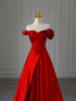 Red A-line Satin and Tulle Off Shoulder Party Dress, Red Satin Long Prom Dress