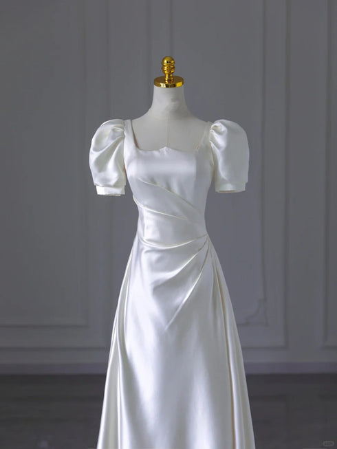 White Short Sleeves Satin A-line Party Dress, White Floor Length Wedding Party Dress
