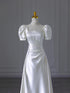 White Short Sleeves Satin A-line Party Dress, White Floor Length Wedding Party Dress