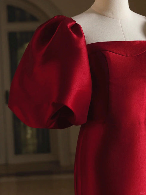 Wine Red Satin Puffy Short Sleeves Long Evening Dress, Wine Red Lovely Prom Dress