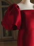 Wine Red Satin Puffy Short Sleeves Long Evening Dress, Wine Red Lovely Prom Dress