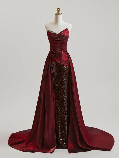 Wine Red Satin and Sequins Long Strapless Party Dress, Wine Red Long Evening Dress