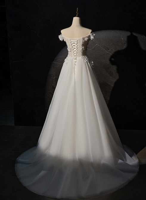 A-line Off Shoulder White Flowers and Tulle Party Dress, White Long Formal Dress Prom Dress