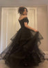 Charming Black Off Shoulder Layered Long Prom Dress, Beaded Back Evening Dress Formal Dress