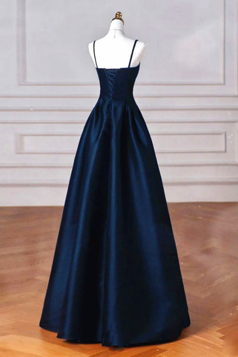 Simple Navy Blue Satin Straps Long Prom Dress, Navy Blue Party Dress