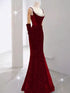 Wine Red Sequins Mermaid Straps Long Formal Dress, Wine Red Beaded Prom Dress Evening Dress