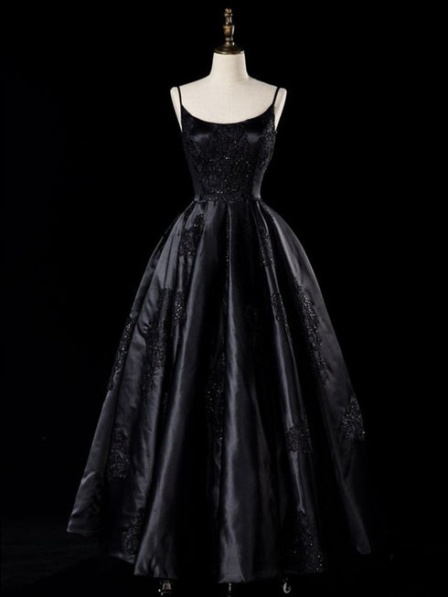 A-line Black Satin Straps with Lace Applique Prom Dress, Black Floor Length Formal Gown