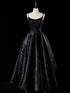 A-line Black Satin Straps with Lace Applique Prom Dress, Black Floor Length Formal Gown