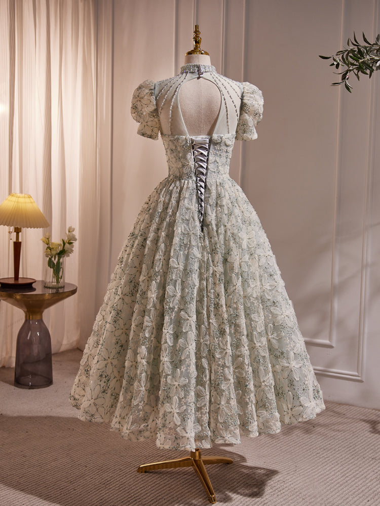 Beautiful Beading Pearl Sequins Green Prom Dresses, High Neckline Tea Length Sage Green Party Dress US 14 / Green