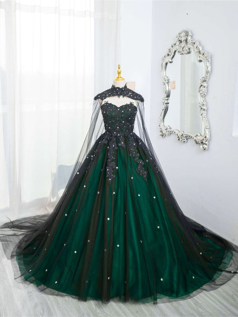 Gorgeous Black and Green Tulle Ball Gown Sweet 16 Dress with Cape, Long Prom Dress