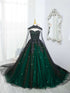 Gorgeous Black and Green Tulle Ball Gown Sweet 16 Dress with Cape, Long Prom Dress