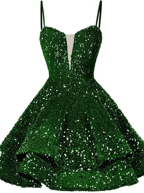 Green Sequins Straps Tiered Short Homecoming Dress, Green Short Formal Dress