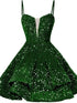 Green Sequins Straps Tiered Short Homecoming Dress, Green Short Formal Dress
